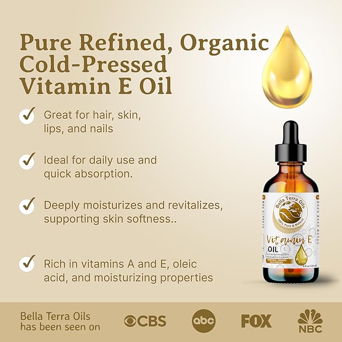 Bella Terra Oils - Organic Vitamin E Oil 16oz - Embrace the Purity of D-Alpha Tocopherol, The Strongest Form of Organic Vitamin E, Perfect Harmony with Skin's Natural Essence