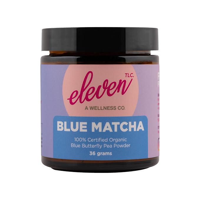 Eleven TLC, Blue Matcha Powder, 100% Organic Butterfly Pea Flower, Antioxidants, Wellness Support, Clitoria Ternatea, Caffeine -Free, GMO-Free, Smoothies, Cocktails, Mocktails, 18 Servings