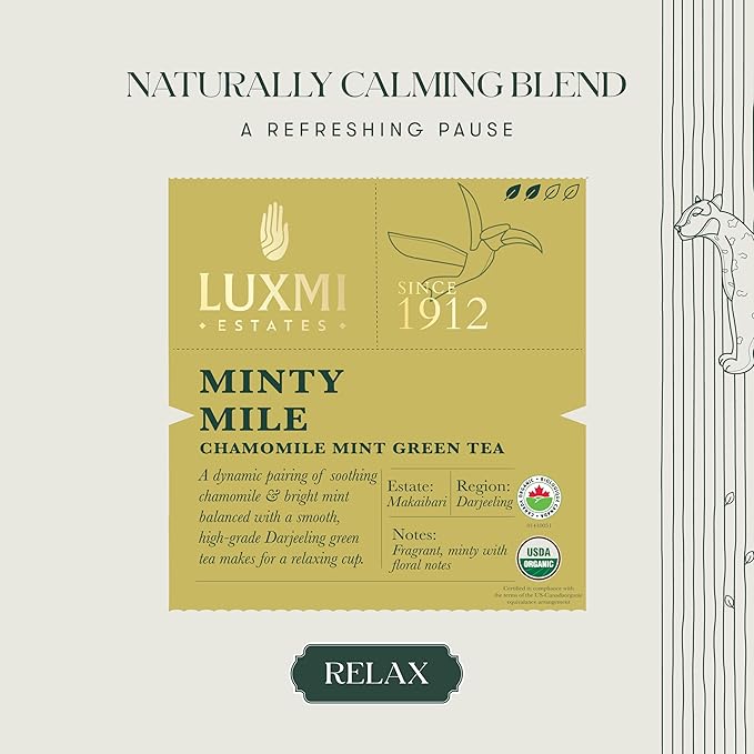Luxmi Estates - Minty Mile - Organic Chamomile Mint Tea - 50 Tea Bags | With Chamomile, Lemongrass, Spearmint and Peppermint | Low Caffeine Chamomile Tea | Best for Night Time