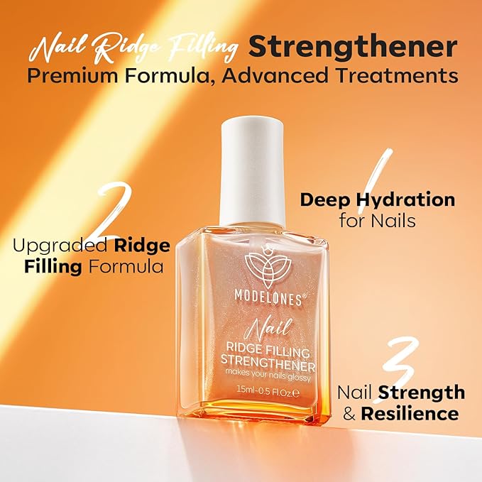 modelones Nail Strengthener, 8-in-One Nail Ridge Filler Base Coat Nail Polish Repair Nail Growth Treatment for Thin and Damaged Nails, Sparkling Champagne, 15ml