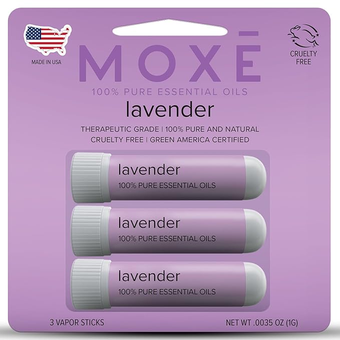 MOXĒ Lavender Essential Oil Nasal Inhaler, Therapeutic No-Mess Aromatherapy, Relaxation, Naturally Calming, Before Sleep Routine, Uplifts Mood, Pure and Undiluted, Made in USA (3 Pack)