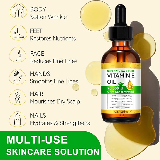 Vitamin E Oil, Body Oil Blend 75,000 IU Boost Skin Collagen, Hydrate and Plump Skin, Reduce Fine Lines and Scars, 2 Fl Oz