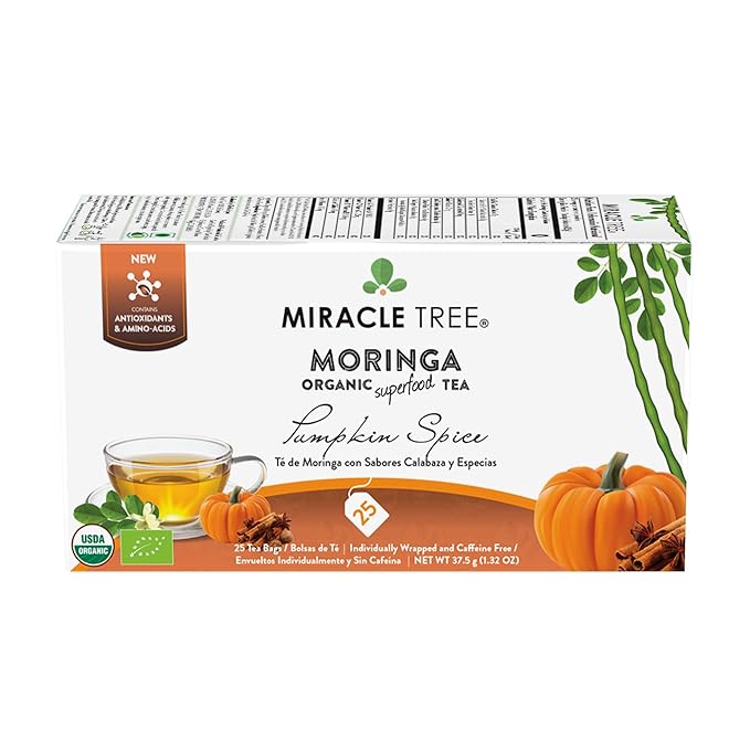 Miracle Tree - 6 Count of Organic Moringa Superfood Tea, 25 Individually Sealed Tea Bags, Pumpkin Spice (Keto, Detox, Energy/Immunity Booster, Vegan, Gluten-Free, Organic, Non-GMO, Caffeine-Free)