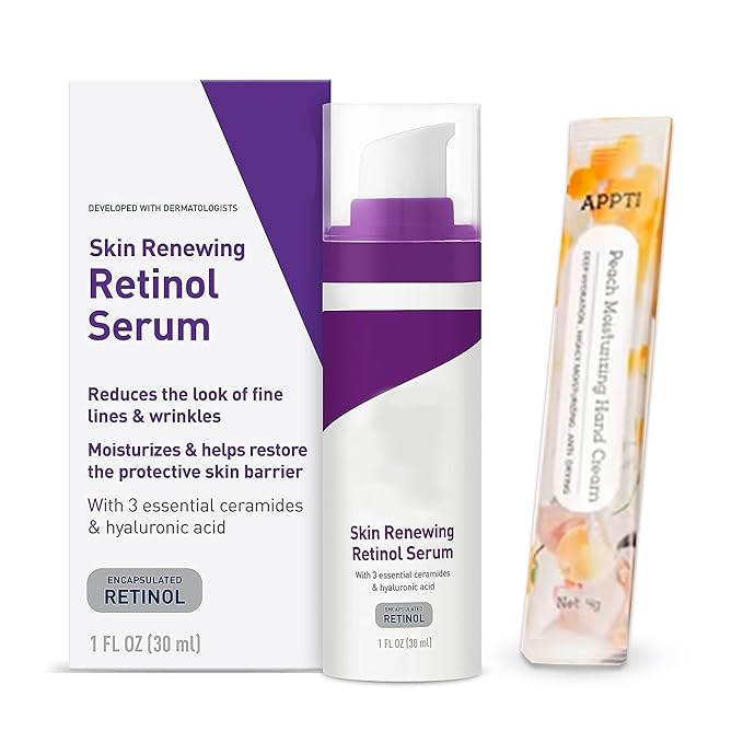 Skin Renewing Retinol Serum For Face, Encapsulated Retinol With Hyaluronic Acid, Niacinamide & Ceramides, Fragrance Free, with Peach Hand Cream Travel Sample Bundle