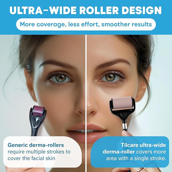 Ultra-Wide Derma Roller for Face - At-Home Microneedling Kit, 0.25 mm Microneedle Roller for Skin Care, Derma Roller for Scalp Hair and Beard, Superior to a Microneedling Pen/Derma Pen