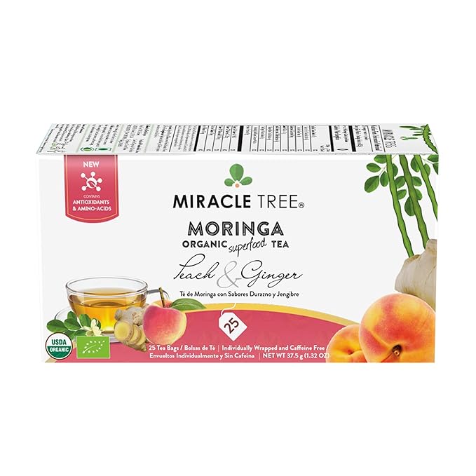 Miracle Tree - 6 Count of Organic Moringa Superfood Tea, 25 Individually Sealed Tea Bags, Peach & Ginger (Keto, Detox, Energy/Immunity Booster, Vegan, Gluten-Free, Organic, Non-GMO, Caffeine-Free)