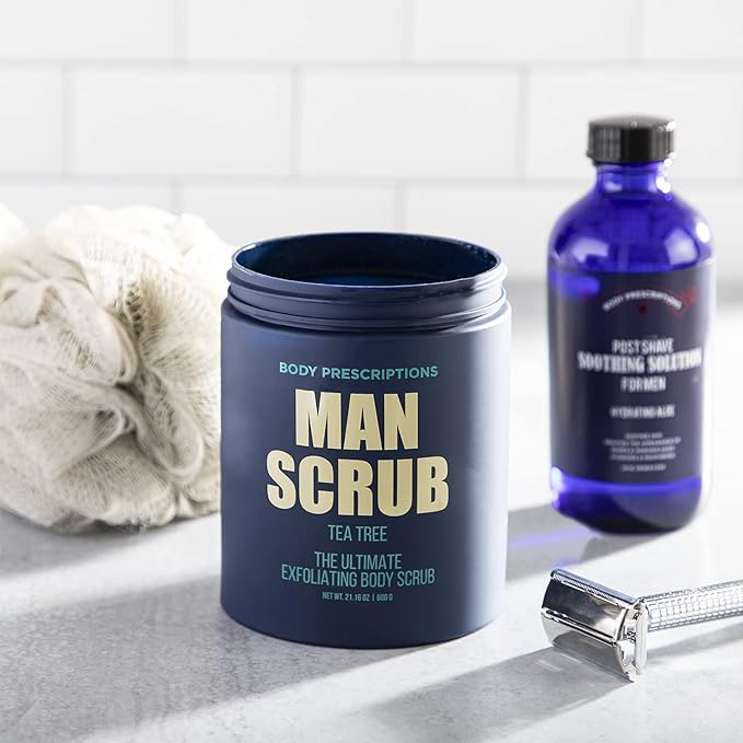 Body Prescriptions Men’s Exfoliating Body Scrub – Ultimate Skin Cleansing Wash in Jar with Twist-Top Lid, For All Skin Types, 21 Ounce (Pack of 1), Tea Tree