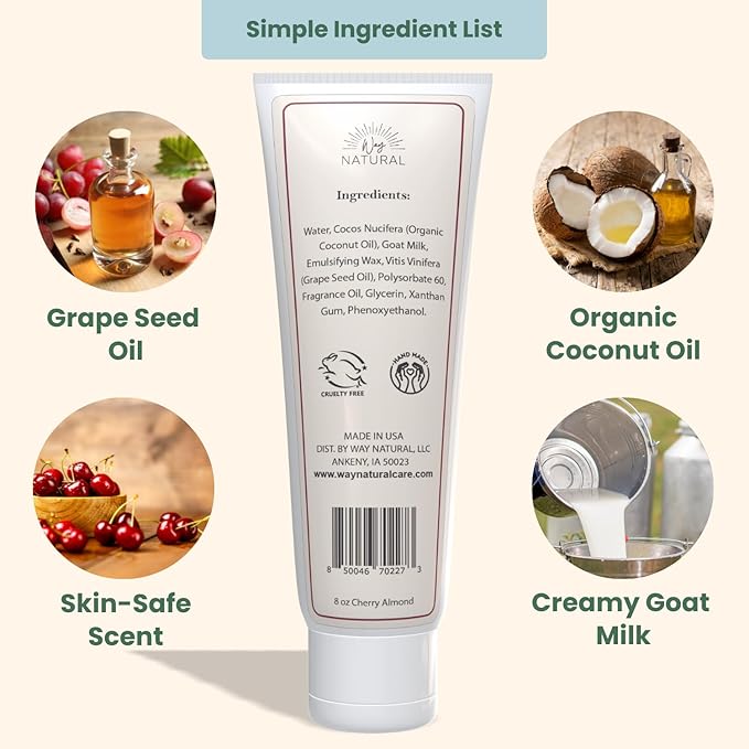 Goat Milk Lotion, Cherry Almond - Home & Away Set, Natural, Body/Hand - Goat Milk Hand Cream for Women and Men - Dry Skin Relief - Cherry Almond Lotion - 8oz & 2oz Travel Size Tube