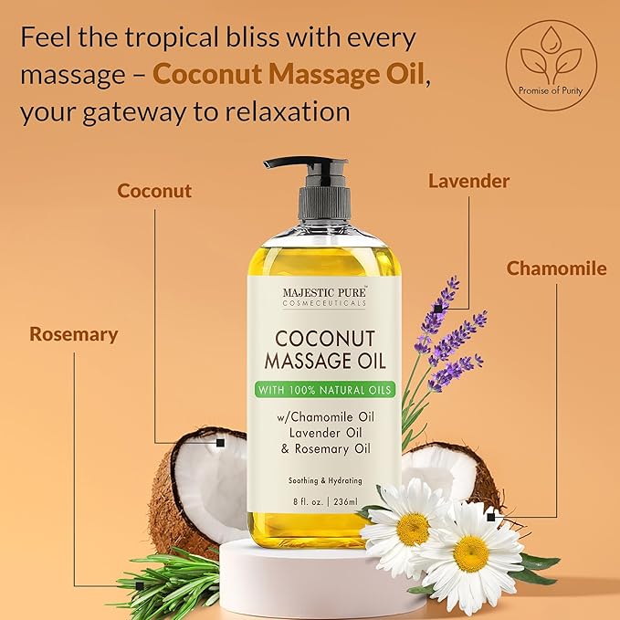 MAJESTIC PURE Coconut Massage Oil - Ultra-Glide Formula with Soothing Aroma -Made with Natural Oils - All Skin Types, Men & Women - 8 fl oz