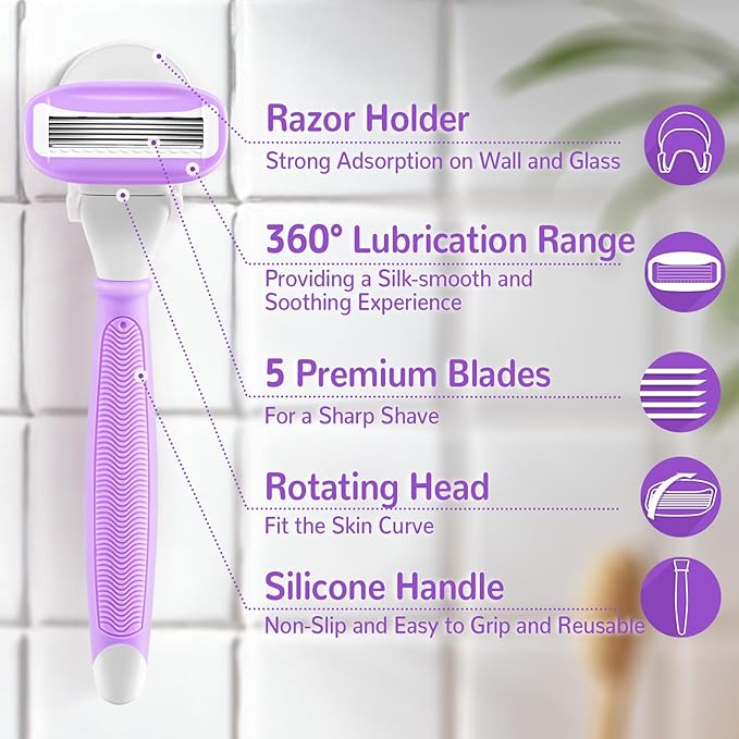 DreamGenius Razors for Women Include 1 Non-Slip Handles and 7 Blade Refills with a Shower Holder, 5 Premium Blades Women's Razors for Shaving with 360° Lubrication Reduces Irritation, Purple