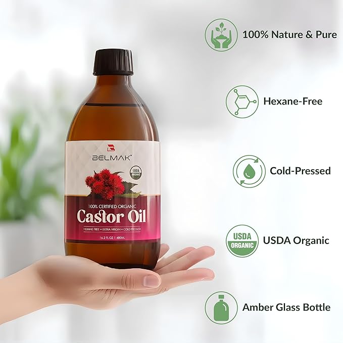 Organic Castor Oil Cold Pressed Unrefined (Glass Bottle 16.2 Oz), USDA Certified Organic, Aceite de Ricino 100% Pure y Natural, Hexane Free, Castor Oil for Hair Growth, Eyelashes & Eyebrows.