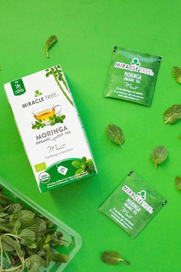 Miracle Tree - Organic Moringa Superfood Tea, 25 Individually Sealed Tea Bags, Mint (Keto, Detox, Energy & Immunity Booster, Vegan, Gluten-Free, Organic, Non-GMO, Caffeine-Free)