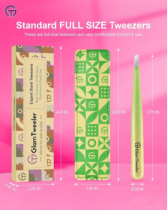 Expert Eyebrow Hair Removal Tweezer with Leather Case, GlamTweeler High Precision Slant Tip Stainless Steel Tweezers for Men and Women (Sparkle Apple Green & Yellow)
