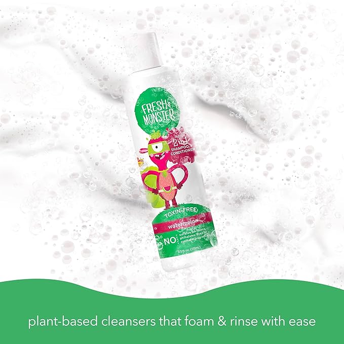 Fresh Monster 2-in-1 Kids Shampoo & Conditioner, Toxin-Free, Hypoallergenic, Tear-free Shampoo & Conditioner for Kids, Watermelon (8.5oz)
