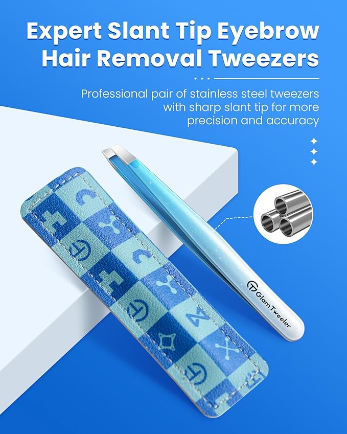 Expert Slant Tip Tweezers with Leather Case, GlamTweeler Sharp & Precision Stainless Steel Tweezer for Eyebrows, Facial Hair and Fine Hairs Removal (Sparkle Blue & Silver)