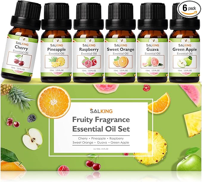 SALKING Fruity Fragrance Essential Oils Set, Essential Oil Gift Set Scented Oils for Diffuser Candle Making - Pineapple,Guava, Raspberry, Green Apple, Orange, Cherry