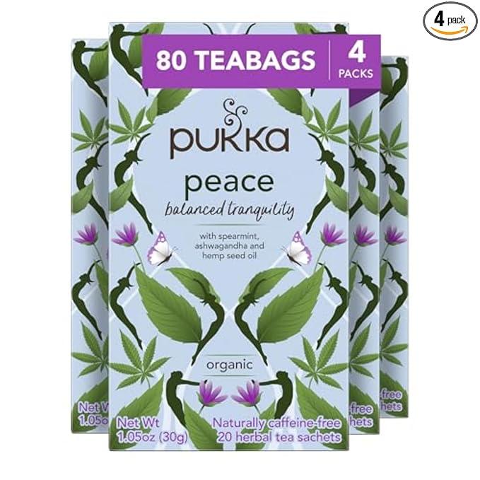 Pukka Organic Tea Bags, Peace Herbal Tea with Spearmint, Ashwagandha, and Hemp Seed Oil, Perfect for Balanced Tranquility, Caffeine Free, 20 Count (Pack of 4), 80 Bags