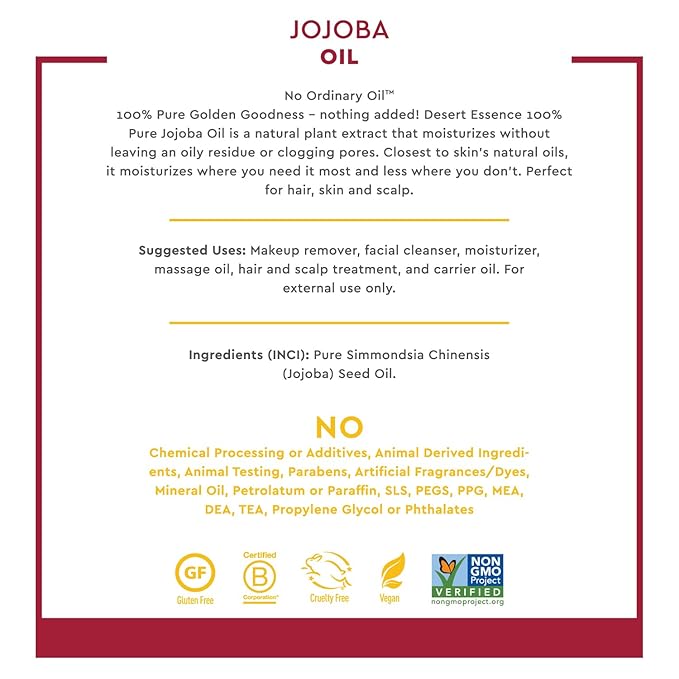 Desert Essence 100% Pure Jojoba Oil – 8 Fl Oz Moisturizer for Hair, Skin & Scalp | Makeup Remover & Aftershave Hydrator, Non-GMO, Vegan, Cold-Pressed, Anti-Flakiness & Non-Clogging Beauty Elixir