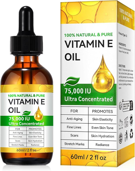Ultra Pure Vitamin E Oil - Vitamin E Oil Blend 75,000 IU, Natural for Skin, Face, Hair and Scars, Body Oils Moisturizing Dry Skin and Winkles, Non-GMO, Gluten Free, 2Fl Oz