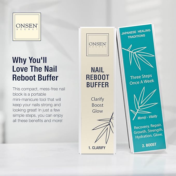 Onsen Secret Cuticle Cream Bundle, Double Sided Nail File 120/180 Grit, Nail Cuticle Oil - Japanese Natural Healing Minerals Nail Care Serum. (15ml + Buffer + Nail File)