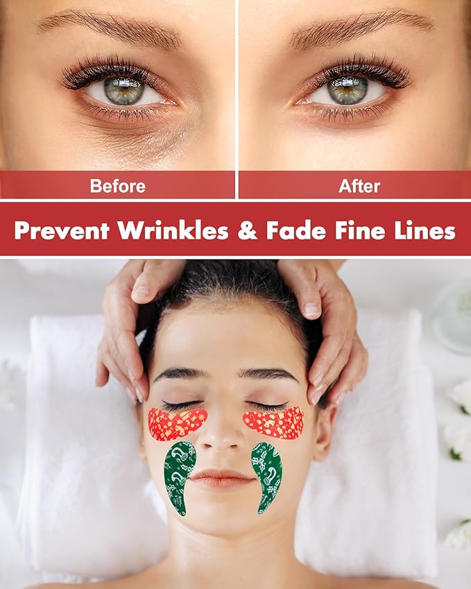 2 Pairs Reusable Under Eye Wrinkle Patches Silicone Mask, Plump Fine Lines & Wrinkles, with Metal Eye Cream Applicator, Tin Case, Red & Green