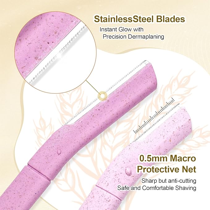 Eco-Friendly Women's Dermaplaning Razor - Multipurpose Exfoliating Tool with Anti-Cut Blades & Biodegradable Handle for Silky Skin & Perfect Brows (Purple-Pink)