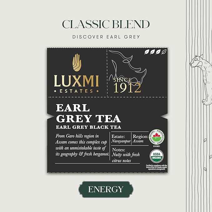 Luxmi Estates Garo Hills Organic Earl Grey Black Tea 250g Loose Leaf Pack | USDA Organic - Earl Grey Tea Bags | 100% Natural Bergamot Extracts | 125 Cups | Assam Black Tea | A Great Morning Cup as an Alternative to Coffee