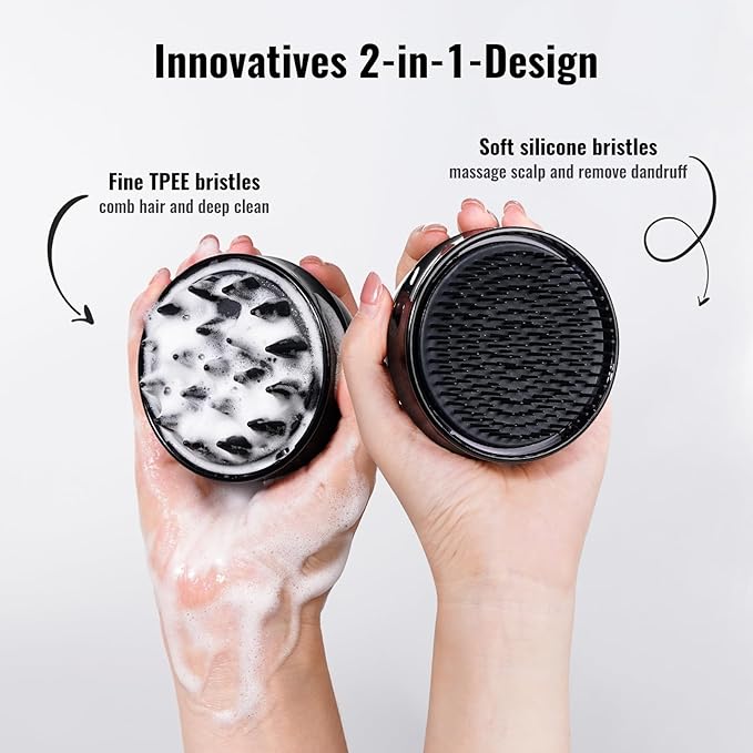 2 in 1 Scalp Massager Shampoo Brush with Soft Silicone Bristles for Hair Growth and Dandruff Removal, Hair Brush Head Massager Scalp Scrubber Exfoliator for Both Wet and Dry Use (Black)
