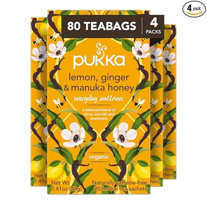 Pukka Organic Lemon, Ginger & Manuka Honey Herbal Tea, Immune Boosting Organic Tea Infusion Selection, With Turmeric, Ideal For Daily Support, Caffeine Free, 80 Total Bags (20ct - Pack of 4)