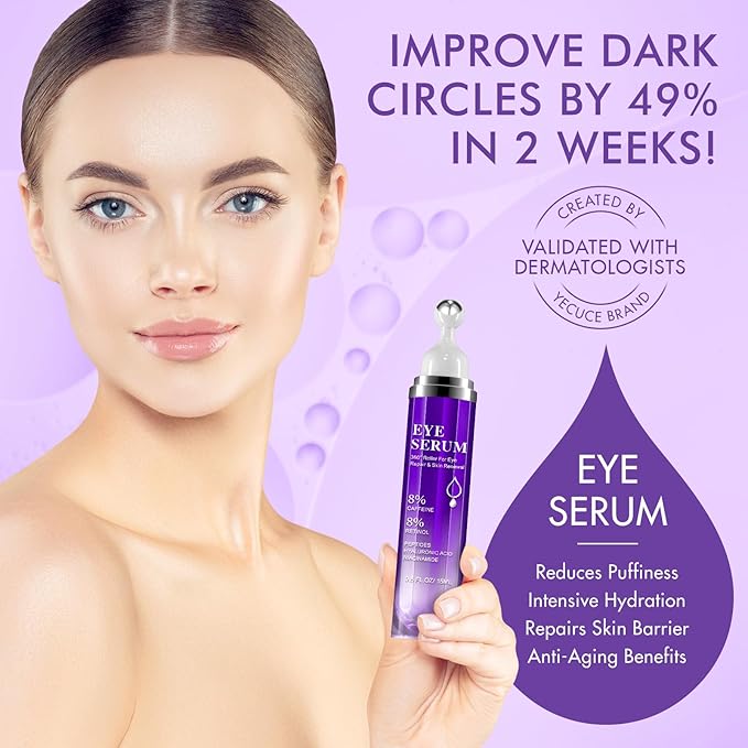 Under Eye Roller Serum|5% Caffeine 5% Retinol Eye Cream for Dark Circles, Puffiness and Bags, Puffy Bags Fine Lines Wrinkles, 360° Massage Ball Cream, 8% Hyaluronic Acid Serum