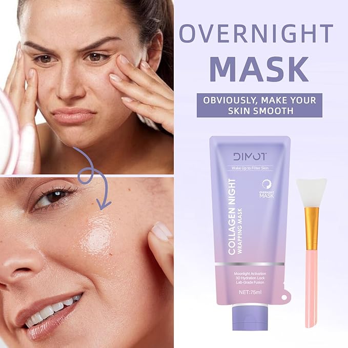 Collagen Night Wrapping Mask, Collagen Peel-Off Face with Jelly Brush - Deeply Hydrates & Firming & Glowy - Enhances Skin Elasticity, For Glowing Skin 2.54 fl.oz (1PC)