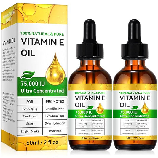 2Pack Vitamin E Oil, 75,000 IU - Scar Repair, Hydrates & Promotes Skin Elasticity, 2 Fl Oz for Face & Body, Natural Solution for Wrinkles, Stretch Marks, and Even Tone