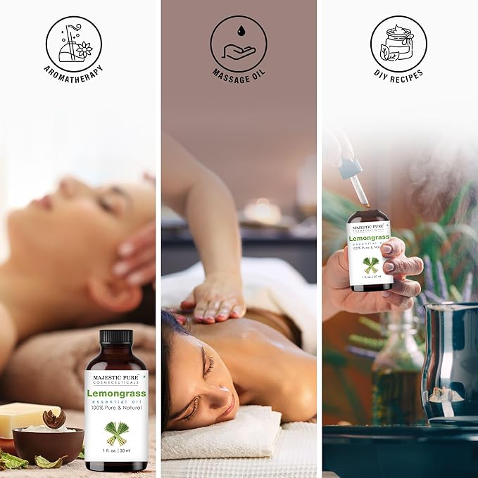 Majestic Pure Lemongrass Essential Oil - 100% Pure Lemongrass Oil for Aromatherapy, Massage & Topical Uses, Perfect for Diffuser & Essential Oil Diffuser - 1 Fl Oz