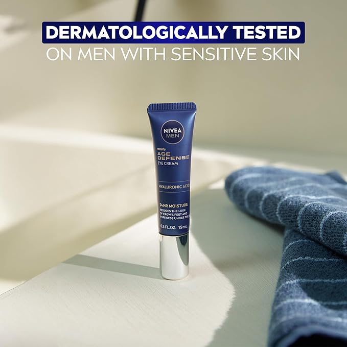 NIVEA Men Age Defense Eye Cream with Hyaluronic Acid, Skin Care Gifts for Dad, 24-Hour Hydrating Under Eye Cream for Men Helps Reduce Look of Crow's Feet, Fine Lines and Dark Circles, 0.5 Fl Oz Tube