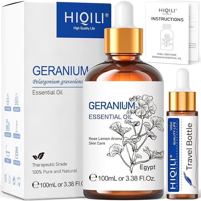 HIQILI 100ML Geranium Essential Oil for Skin, Diffuser & Candle, 100% Pure and Natural - 3.38 Fl Oz