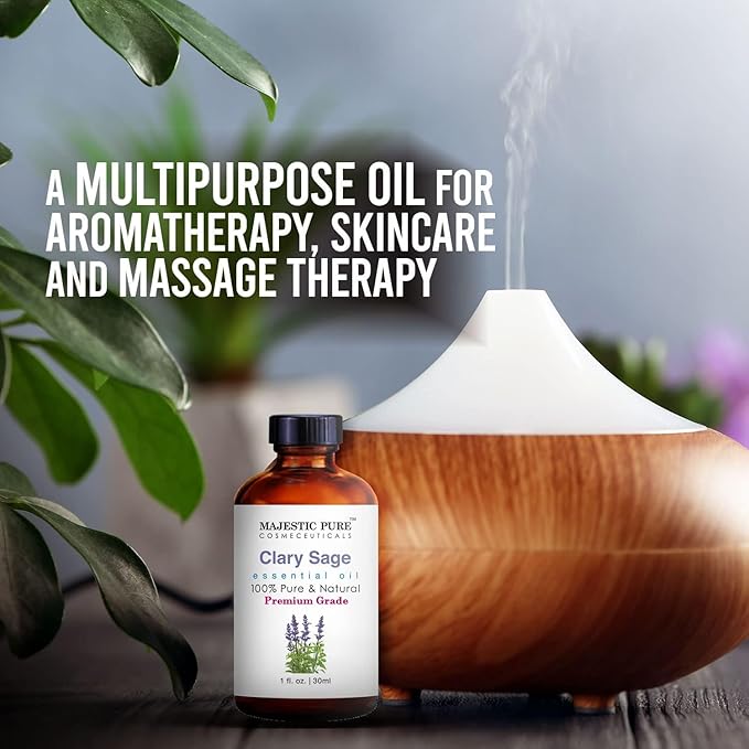 MAJESTIC PURE Clary Sage Essential Oil, Premium Grade, Pure and Natural, for Aromatherapy, Massage, Topical & Household Uses, 1 fl oz