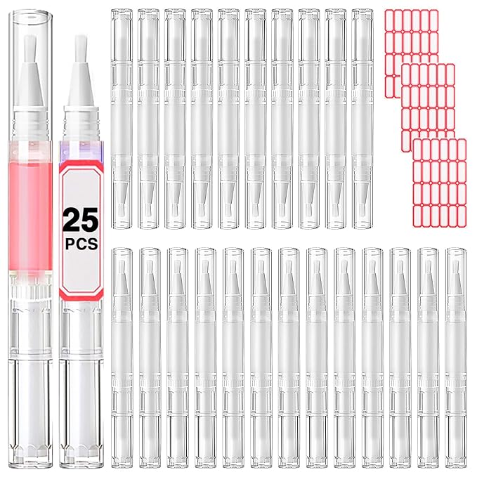 Nail Oil Pen 25Pcs 3ml Empty Transparent Twist Pens Cuticle Oil Pen with Brush Tip for Nail Oil, Liquid Foundation, Eyelash Growth Liquid Tube, Empty Cuticle Oil Dispenser + 48pcs Label