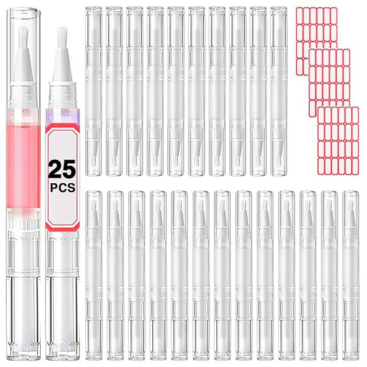 Nail Oil Pen 25Pcs 3ml Empty Transparent Twist Pens Cuticle Oil Pen with Brush Tip for Nail Oil, Liquid Foundation, Eyelash Growth Liquid Tube, Empty Cuticle Oil Dispenser + 48pcs Label