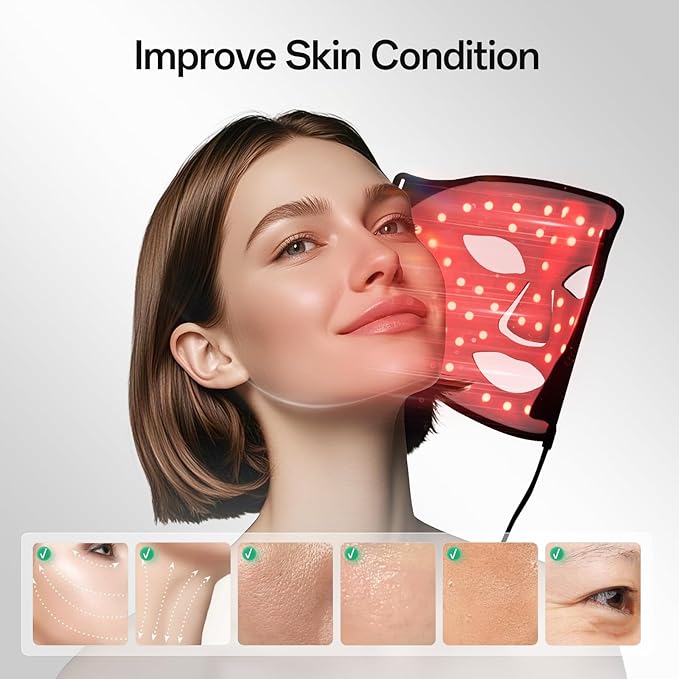 Red Light Mask for Face and Neck - Facial Skin Care Device, Portable, Lightweight, Rechargeable and Ergonomic Design for Home (Black)