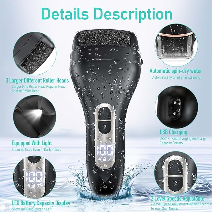 Electric Callus Remover for Feet - with 9pcs Larger Grinding Head, Portable Pedicure Kit Foot File Callus Remover, Rechargeable Waterproof Foot File for Foot Care Deadskin Remover LCD Display-Black
