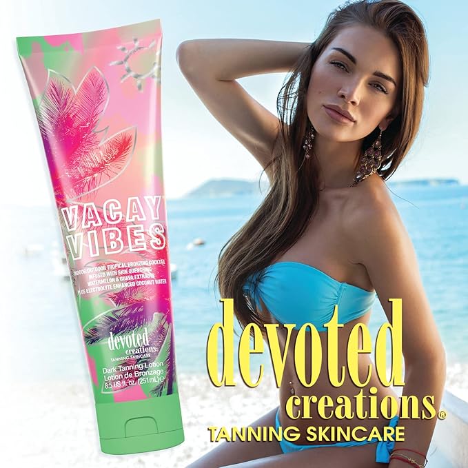 Devoted Creations Vacay Vibes Tanning Lotion – Indoor/Outdoor Tropical Bronzing Cocktail Infused with Skin Quenching Watermelon and Guava Extracts, plus Electrolyte Enhanced Coconut Water – 8.5 oz.