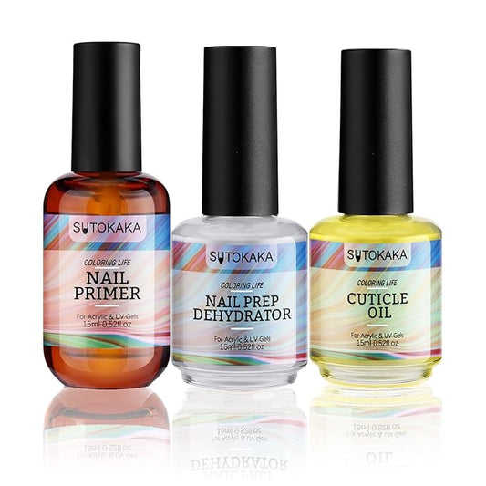 3Pcs Nail Dehydrator and Primer and Cuticle Oil for Acrylic Gel Nails 15ml Professional Acid Free Bonding Primer Nail Prep Set No Burns Manicure Bonder Liquid for DIY Home Salon