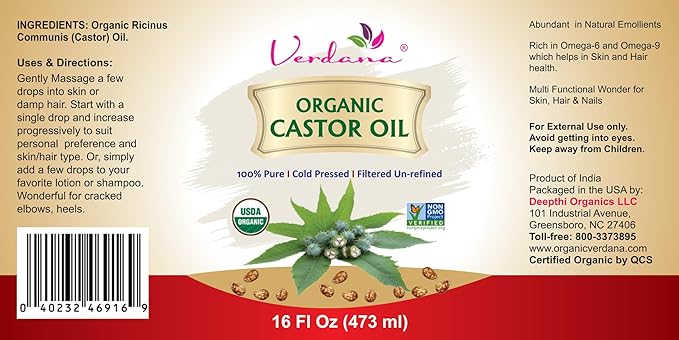 Verdana Organic Castor Oil – 16 Fl Oz Size – Cold Pressed, Unrefined, Hexane-Free – USDA Organic – Natural Moisturizer for Hair Growth, Eyelashes, Skin, Scalp & Castor Oil Packs