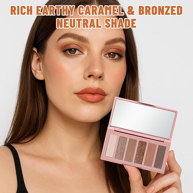 6 Colors Mini Naked Eyeshadow Makeup Palette Caramel & Bronzed Neutral Tone Eye Shadow Matte & Shimmer Nude Make Up Pallet with Mirror Blendable Highly Pigmented Travel Size Gift Kit 05