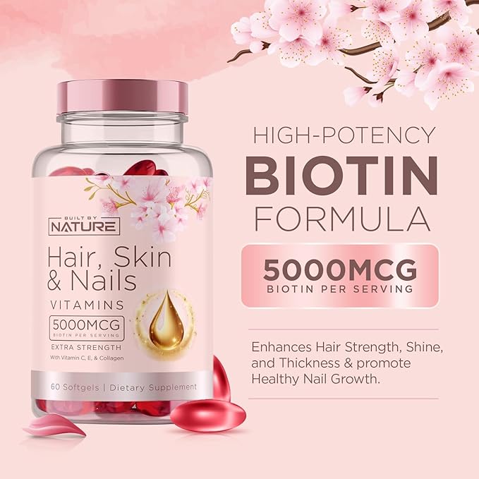 Hair Skin and Nails Vitamins – 5000mcg Biotin with Vitamin C, E, Collagen, Hyaluronic Acid, Argan & Coconut Oil – Luscious Hair Growth & Radiant Skin Supplement for Women – 60 Softgels