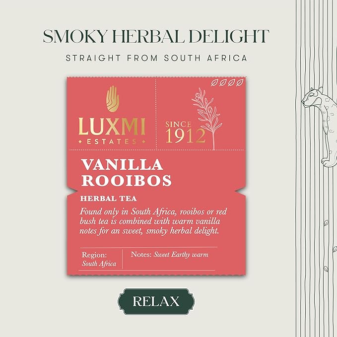 Luxmi Estates Organic Rooibos Vanilla Tea, 50 Tea Bags, Calming Tea, Perfect for Unwinding After A Long Day