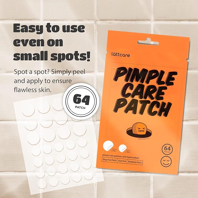 lattcare Pimple Care Patches | Hydrocolloid Acne Patches | Acne Spot Treatment for Blemishes and Zit | Vegan, Cruelty Free Patches | Two Sizes 12mm & 9mm (64 Count)