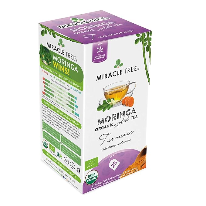 Miracle Tree - Organic Moringa Superfood Tea, 25 Individually Sealed Tea Bags, Turmeric (Keto, Detox, Energy & Immunity Booster, Vegan, Gluten-Free, Organic, Non-GMO, Caffeine-Free)