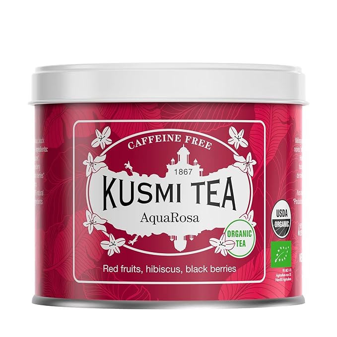 Kusmi Tea - AquaRosa - Organic Herbal Tea with Hibiscus & Berries - Caffeine Free Herbal Tea - Enjoy Hot or Iced - Loose Leaf Tea - Tin Box of 3.5 oz - Quantity for about 50 cups