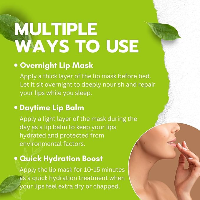 Green Tea Matcha Lip Sleeping Mask Overnight with Applicator, For Dry Lips, Coconut Oil, Vitamin E, Fig Extract, Orchid, and Shea Butter, Moisturizer for Dry, Chapped, Cracked Lips